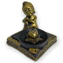 Incensário quadrado Buda sonhador dourado e preto 7 cm em resina - 47182