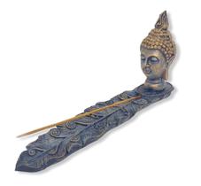 Incensário régua Buda folha azul escuro patinado 23cm resina Incensário régua Buda folha azul escuro patinado 23cm resina