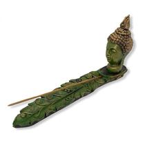 Incensário Régua Buda Folha Verde Em Resina 23 Cm