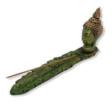 Incensário régua buda folha verde patinado 23 cm resina