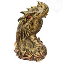 Incensário Vareta Cabeça de Dragão Dourado Fumaça Narina 30 Cm em Resina Decoração Medieval