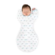 Incrível saco de swaddle transitório de bebê com braços para cima mangas de meio comprimento e algemas de luva, elefantes minúsculos, azuis, pequenos, 0-3 meses, pequenos (6-14 libras)