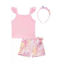 Infanti Conjunto Blusa Canelado e Shorts Saia Rosa