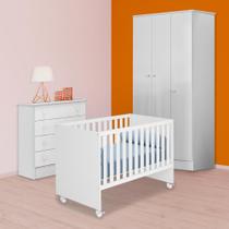 Infantil Berço Retro, Guarda Roupa 3P 2G e Cômoda 4G Branco