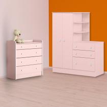 Infantil Guarda Roupa C/ Cômoda e Cômoda Trocador Rosa