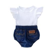 Infantil Menina Verão Algodão Macacão Jeans Bandana Criança Conjunto De Roupa Do Bebê Recém-nascido