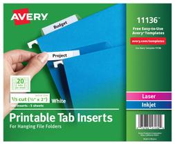 Inserções de tabulação imprimíveis para pendurar pastas de arquivos Avery 11136