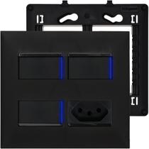 Interruptor 4x4 Preto 3 Teclas Simples Led Com Tomada 10A PIAL Plus+