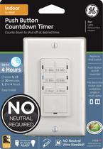 Interruptor de temporizador de contagem regressiva do botão GE, 5-15-30 minutos/1-2-4 horas, ON/4 Hour, ON/Off, Sem Fio Neutro Necessário, Ideal para Luzes, Ventiladores de Exaustão, Aquecedores, Placa de Parede Incluído, 15318 , Branco