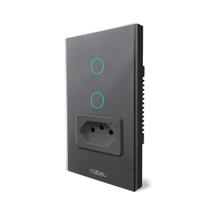 Interruptor Inteligente WiFi 2 botões preto com Tomada, Interruptor Smart Sem Fio Multifuncional Alexa Google home