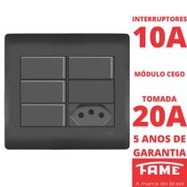 Interruptor Simples 10A 4 Teclas Tomada Padrão 2P+T 20A E Módulo Cego Com Placa 4X4 Habitat Preto FAME