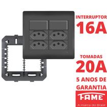 Interruptor Simples 16A 2 Teclas e Tomada Padrão Quadrupla 2P+T 20A Com Placa 4X4 Habitat Black FAME