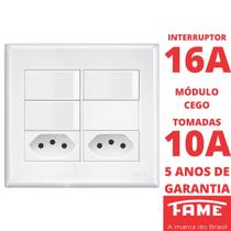 Interruptor Simples 3 Teclas 16A Módulo Cego e Tomada Padrão Dupla 2P+T 10A Com Placa 4x4 Evidence FAME
