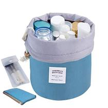 INVODA Saco cosmético para mulheres em forma de barril Viagem Sacos de maquiagem de grande capacidade Soft Waterproof Portable Drawstring Cosmetic Bag Multifunctional Bucket Toiletry Bag (Azul)