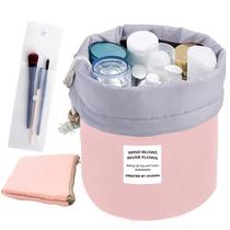 INVODA Saco cosmético para mulheres em forma de barril Viagem Sacos de maquiagem de grande capacidade Soft Waterproof Portable Drawstring Cosmetic Bag Multifunctional Bucket Toiletry Bag (rosa)