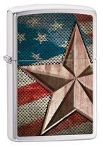 Isqueiro de bolso Zippo American Flag Star, cromado escovado