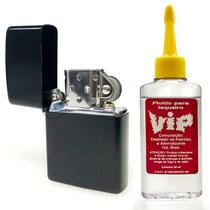 Isqueiro em Metal - Preto Liso, Recarregável + Fluído vip