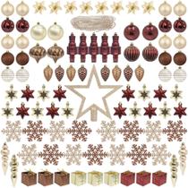 ITART 129ct Árvore de Natal Enfeites Variedade Incluindo Tree Topper Bolas Flocos de Neve Star Pine Cone Miniatura Gift Boxes Poinsettia Beads Guirlandas (Red Brown e Champagne)