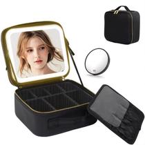 Jadazror Makeup Train Case com espelho e luz 3 cor ajustar brilho, saco de maquiagem com espelho recarregável caso cosmético com 2 camadas divisórias ajustáveis e espelho de aumento 10X destacável (preto)