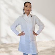 Jaleco Branco Feminino Gola Padre Zíper Manga Longa com Punho Elástico Uniforme Profissional
