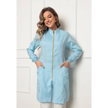 Jaleco Feminino Acinturado com Zíper e Punhos Azul Claro Nice