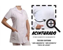 Jaleco Feminino Acinturado Oxford Manga Curta Preto Branco