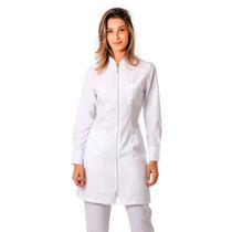 Jaleco Feminino Gabardine Acinturado Branco com Zíper e Punho de 2 Botões Blanco Raro