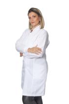 Jaleco Feminino Gabardine Branco, Botão Embutido, Gola Padre, Elástico Punho, Acinturado, Manga Longa Dentista Médica
