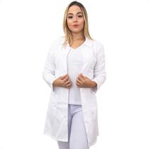 Jaleco Feminino Gabardine Branco Manga Longa Sem Bordado acinturado com bolsos