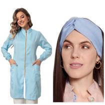 Jaleco Feminino Luxo Zíper Gola Padre Azul Claro+ Turbante Nice