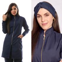 Jaleco Feminino Luxo Zíper Gola Padre Azul Marinho + Turbante Nice