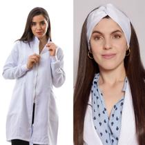 Jaleco Feminino Luxo Zíper Gola Padre Branco + Turbante Nice