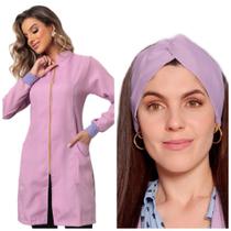 Jaleco Feminino Luxo Zíper Gola Padre Lilás+ Turbante Nice