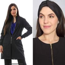 Jaleco Feminino Luxo Zíper Gola Padre Preto + Turbante Nice