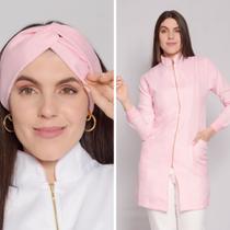 Jaleco Feminino Luxo Zíper Gola Padre Rosa Claro + Turbante Nice