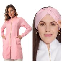 Jaleco Feminino Luxo Zíper Gola Padre Rosa Claro + Turbante Nice