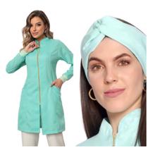Jaleco Feminino Luxo Zíper Gola Padre Verde Claro + Turbante Nice