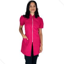 Jaleco Feminino Manga Curta Oxford Acinturado Gola Padre Com Zíper Dourado