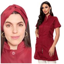 Jaleco Feminino Manga Curta Ziper + Turbante Malta Azul Marinho