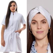 Jaleco Feminino Manga Curta Ziper + Turbante Malta Branco Jaleco Feminino Manga Curta Ziper + Turbante Malta Branco