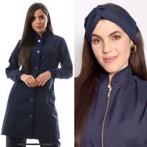 Jaleco Feminino Oxford Gola Padre Botão Azul Marinho + Turbante Capri