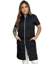 Jaleco feminino oxford preto ziper manga curta ziper prata