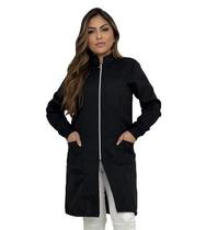 Jaleco feminino oxford preto ziper manga longa ziper prata