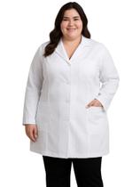Jaleco Feminino Plus Size Profissional Branco Gola Tradicional Tecido Oxford Confortável Manga Longa