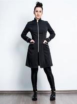 Jaleco Feminino Preto Acinturado Tecido Two Way Manga Longa com Zíper