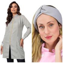 Jaleco Feminino Zíper Acinturado Gola Padre + Turbante Nice Cinza