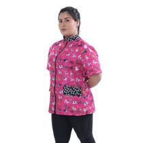 Jaleco Groomer Feminino Pink Estampado Cachorro Detalhe Patinha Uniforme Tosador