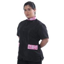 Jaleco Groomer Feminino Uniforme Tosador Anti Pelos Preto Liso Com Detalhe Rosa De Ossinho - Duki Uniformes