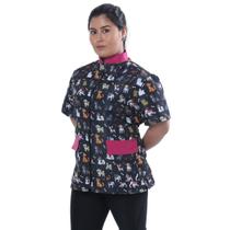 Jaleco Groomer Uniforme Tosador Feminino Preto Estampado cachorro Detalhe Pink