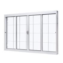 Janela de Aço Correr Central 100x120cm 4 Folhas Grade Quadriculada Vidro Liso Branco Unic Sol Central
